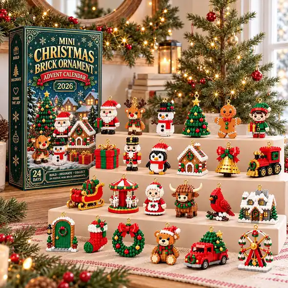 Shirem JollyBricks calendar with a tiered display of finished mini Christmas builds