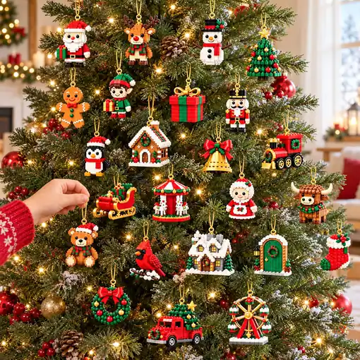Hand placing a Christmas mini brick creation on a decorated tree